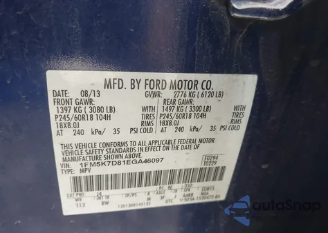 2014 Ford Explorer Xlt из США, поврежденный, VIN 1FM5K7D81EGA46097